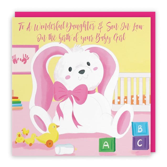 Daughter And Son In Law New Baby Girl Congratulations Card Pink Rabbit Classic
