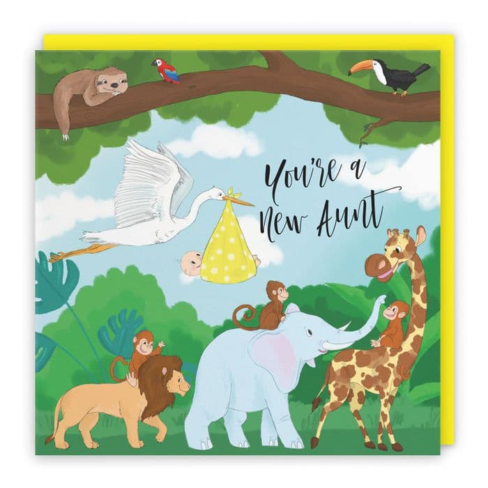 New Aunt Congratulations New Baby Card Stork Yellow Jungle
