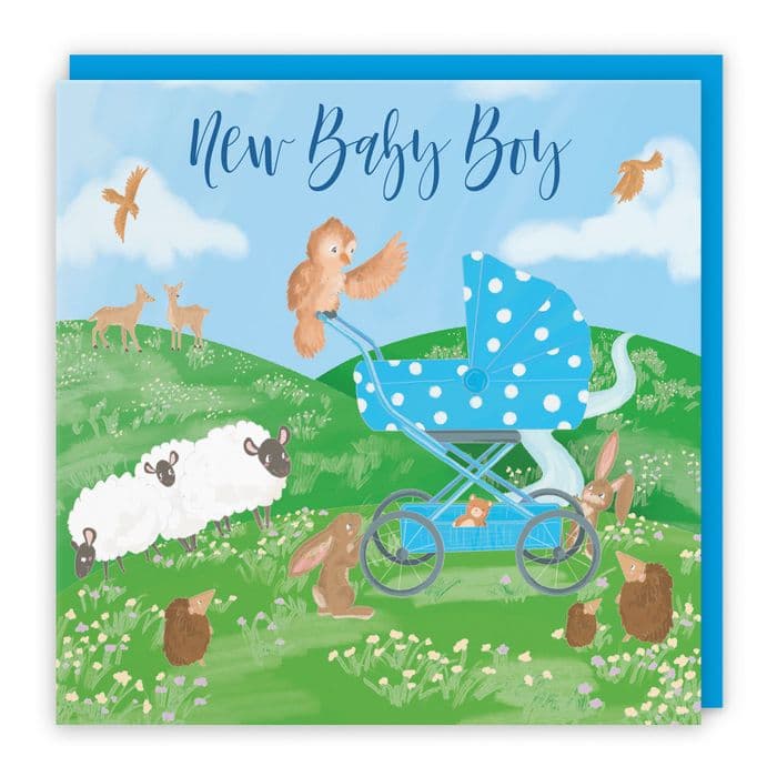 New Baby Boy Congratulations Card Blue Pram Countryside