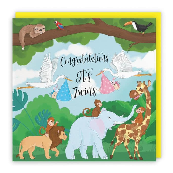 New Baby Boy / Girl Twins Congratulations Card Stork Jungle