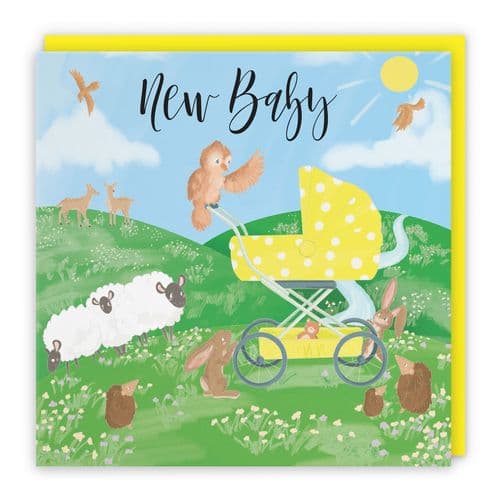 New Baby Congratulations Card Yellow Pram Countryside