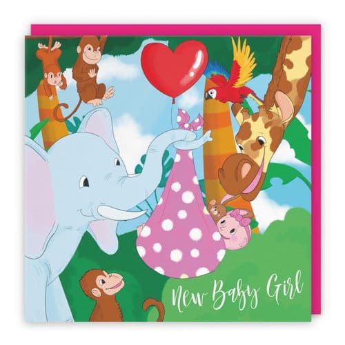 New Baby Girl Congratulations Card Cute Elephant Pink Jungle