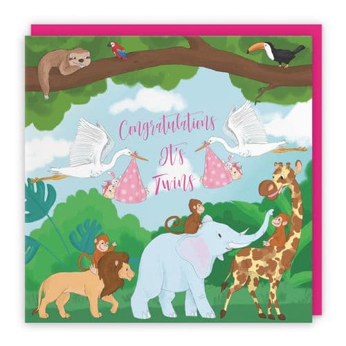 New Baby Girl Twins Congratulations Card Stork Jungle