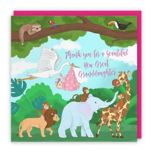 New Baby Great Granddaughter Cute Thank You Card Stork Jungle