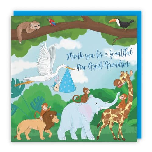 New Baby Great Grandson Cute Thank You Card Stork Jungle