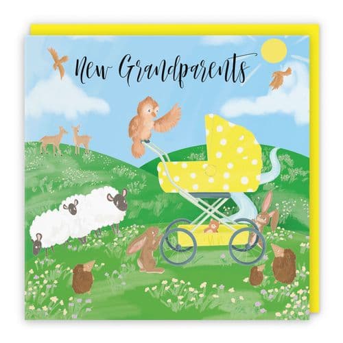 New Grandparents Congratulations Card Yellow Pram Countryside