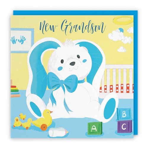 New Grandson Cute New Baby Congratulations Card Blue Rabbit Classic