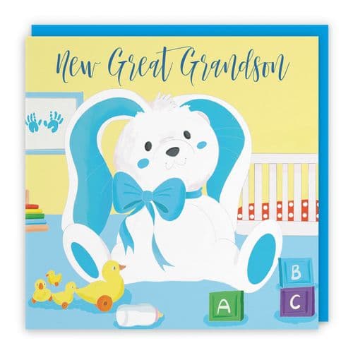 New Great Grandson Cute New Baby Congratulations Card Blue Rabbit Classic