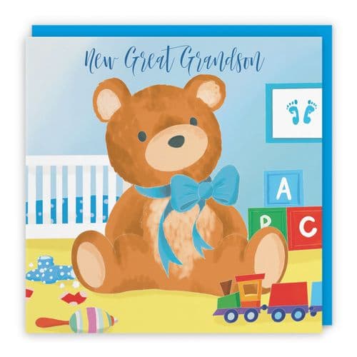 New Great Grandson Cute New Baby Congratulations Card Blue Teddy Bear Classic