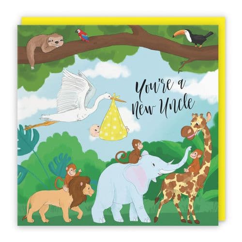 New Uncle Congratulations New Baby Card Stork Yellow Jungle