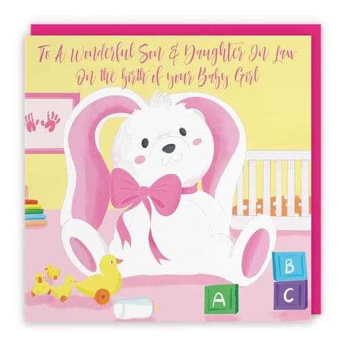 Son And Daughter In Law New Baby Girl Congratulations Card Pink Rabbit Classic