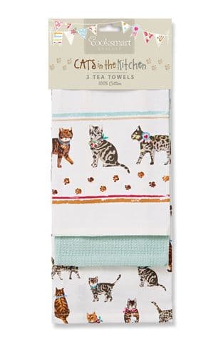 Cooksmart Cats On Parade Tea Towels Pack of 3 Green Cotton Drying Cloth Kitchen