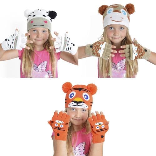 Kids Animal Hat & Mitten Warm Winter Gloves Beanie Set Fun Boys Girls Outdoor