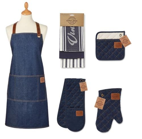 Cooksmart Oxford Denim Apron, Double,Single Oven Glove, Teapot Holder Place-mats