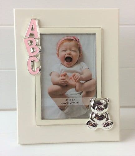 ABC Pink Baby Nursery Christening Gift Photo Frame Metal Freestanding 23x18cm