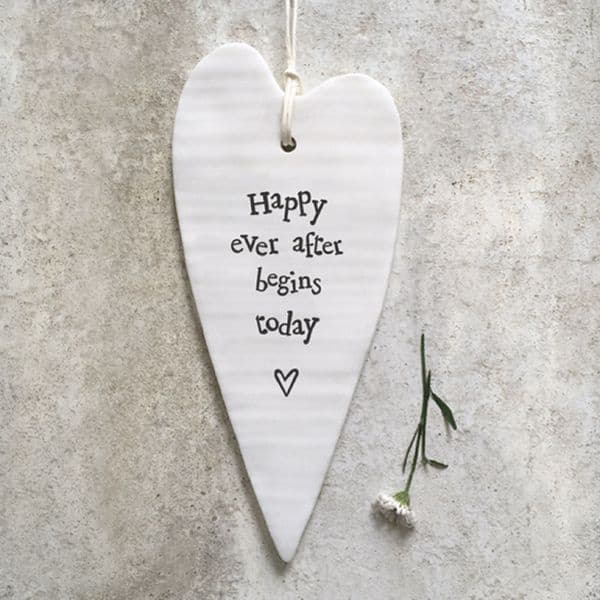 East of India Long White Ceramic Heart Sign Happy Ever After Decoration Gift 15cm