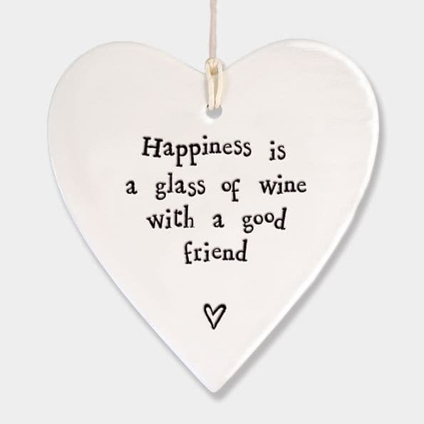 East of India White Ceramic Happiness is Glass of Wine with Friends Heart 9x9cm