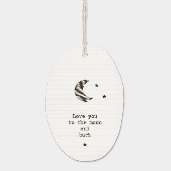 East of India White Ceramic Love you to the Moon Oval Hanger Decoration 5x8cm