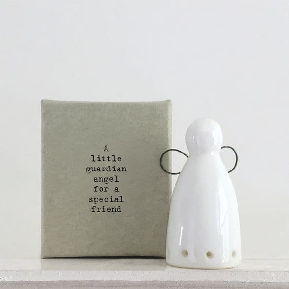 EAST OF INDIA WHITE MATCHBOX CERAMIC GUARDIAN ANGEL SPECIAL FRIEND 5X4X3CM