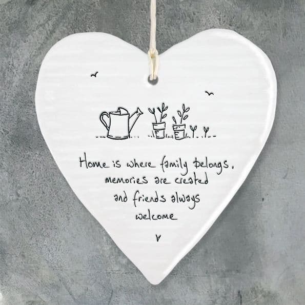 East of India White Porcelain Heart Home is Where the Family Belongs 10x9cm