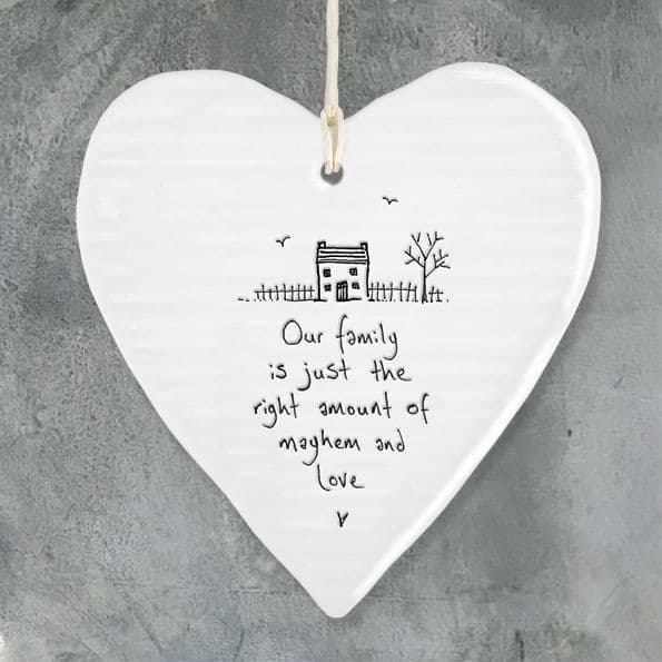 East of India White Porcelain Heart Our Family is Just Mayhem and Love 10x9cm