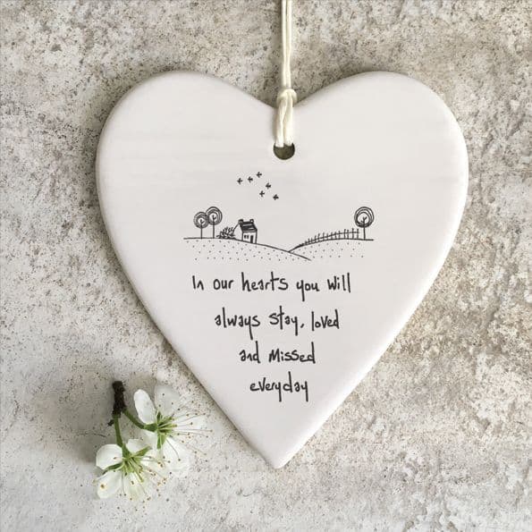 East of India Wobbly White Ceramic In our hearts you will stay Decoration 10x9cm