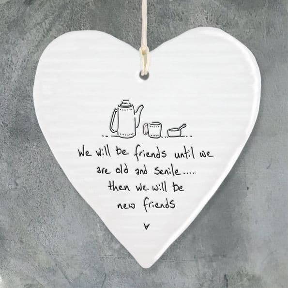 East of India Wobbly White Porcelain Heart Friends until we are Old Gift 10x9cm
