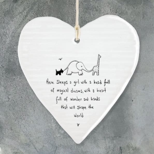 East of India Wobbly White Porcelain Heart Here Sleeps a Girl Baby Sign 10x9cm