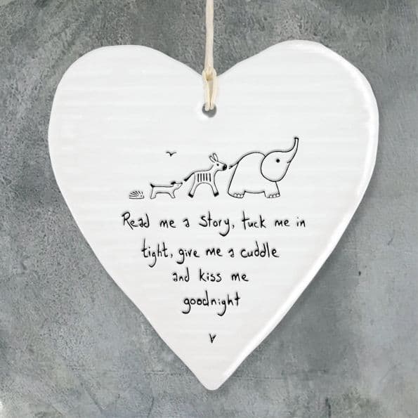 East of India Wobbly White Porcelain Heart Read me a Story Baby Saying 10x9cm