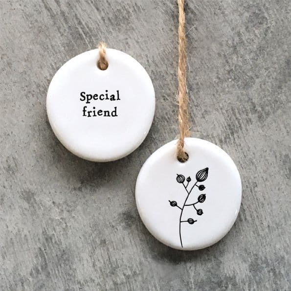 Mini East of India White Ceramic Floral Special Friend Hanging Tag Keepsake Decoration 3.5x3.5cm