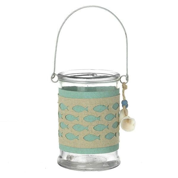 Nautical Glass Canvas Fish Lantern Candle Tea Light Holder Wire Handle 11x8cm