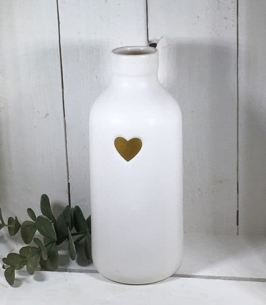 Off White Ceramic Bottle Shaped Flower Stem Vase with Gold Heart 16x6.5cm