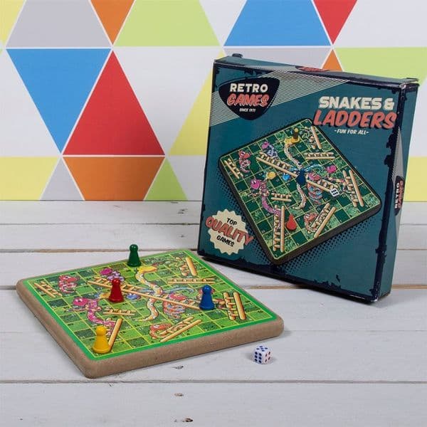 Retro Games Desktop Table Board Wooden Set of Snakes & Ladders 21x21cm Family Fun