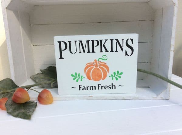 Rustic Hand Stencilled Halloween White Autumn Pumpkins Farm Fresh Wooden Block Sign Decoration