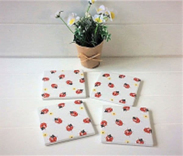 Set 4 Country Ladybird & Flower Coasters Tile Style Resin Cork Backed 10x10cm