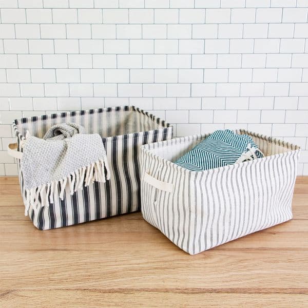 Set of 2 Off White Ticking Striped Decorative Fabric Storage Baskets Craft Toys Books