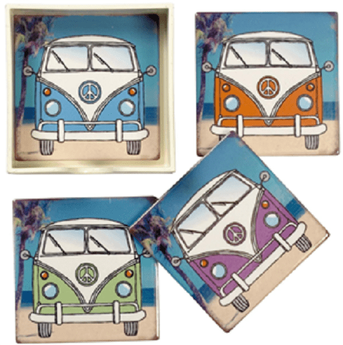 Set of 4 Square Colourful Ceramic Tile Camper Van Coasters & Holder 10x10cm