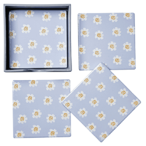Set of 4 Square Country Daisy Blue Floral Ceramic Tile Coasters & Holder 10x10cm