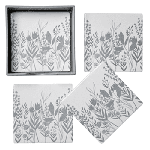 Set of 4 Square Country Floral Meadow Ceramic Tile Coasters & Holder 10x10cm