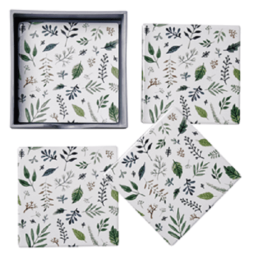 Set of 4 Square Woodland Leaves Floral Ceramic Tile Coasters & Holder 10x10cm