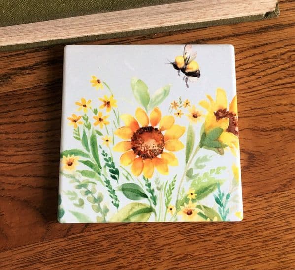 Set of 4 Summer Bee and Sunflower Coasters Tile Resin Home Cork Backed 10x10cm