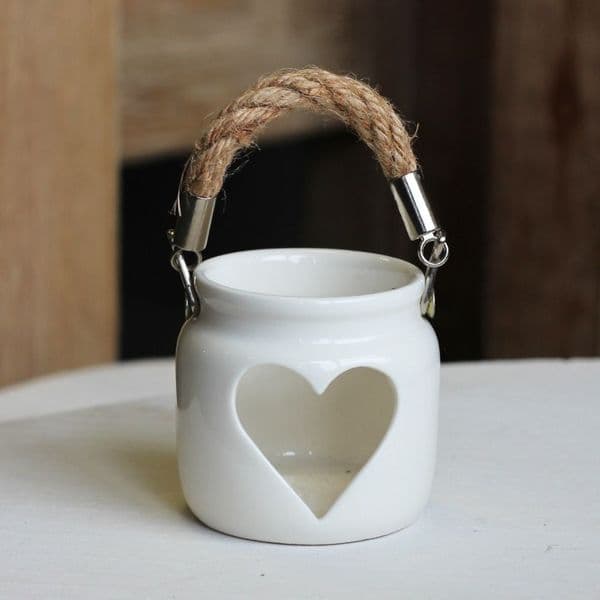 Small White Porcelain Heart Lantern Candle Tea Light Holder Rope Handle 7x7x6cm