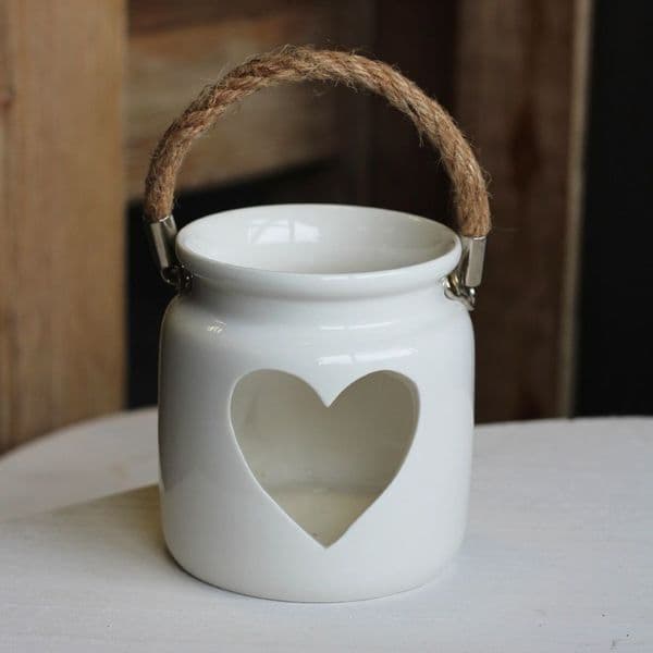 White Porcelain Heart Lantern Candle Tea Light Holder Rope Handle 10x8.5cm