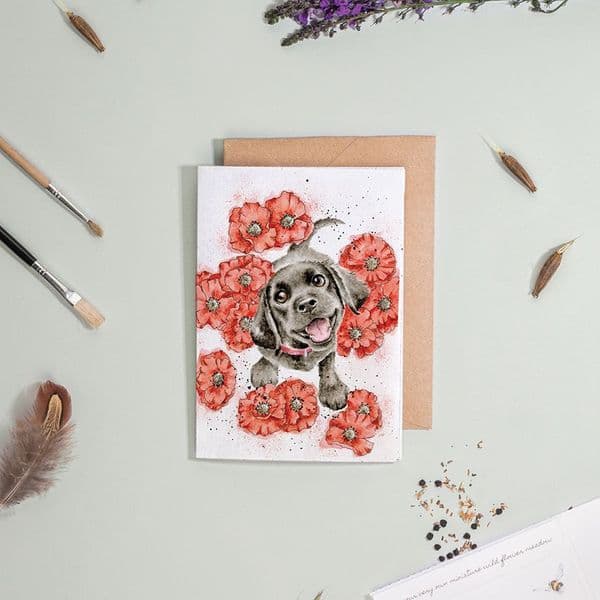 Wrendale Design Poppy Love Black Puppy Dog Wild Flowers Seed Greeting Blank Card 15x10cm