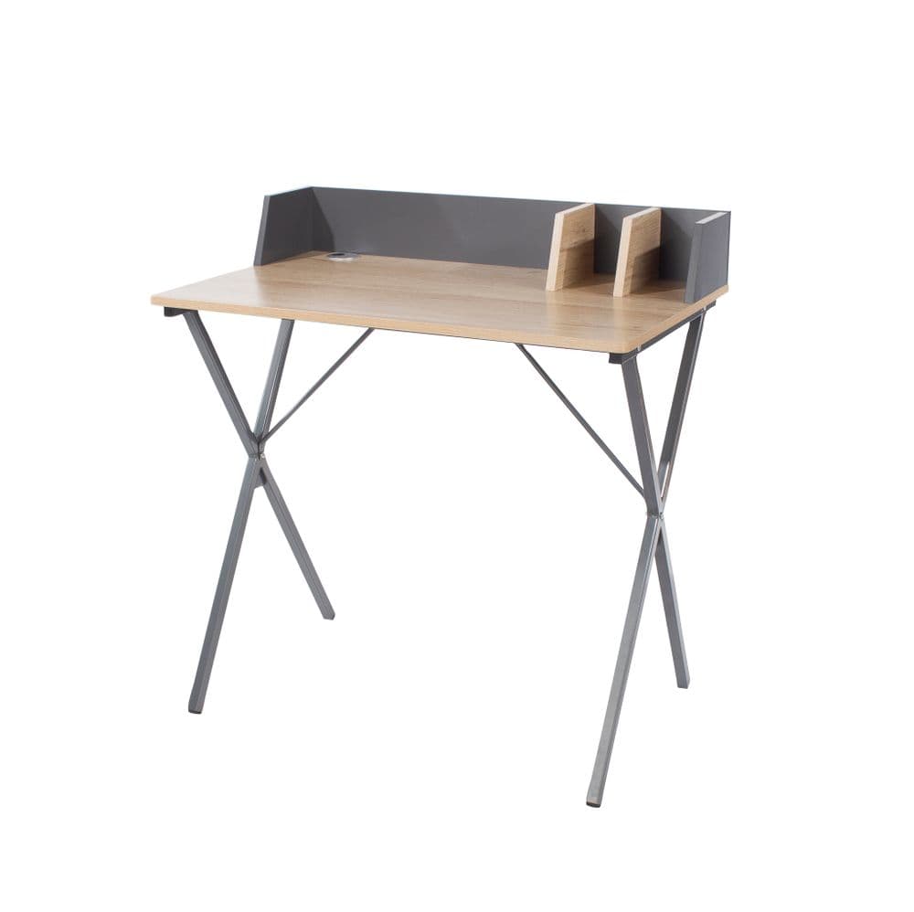 Ascent study desk, oak effect top with grey metal cross legs