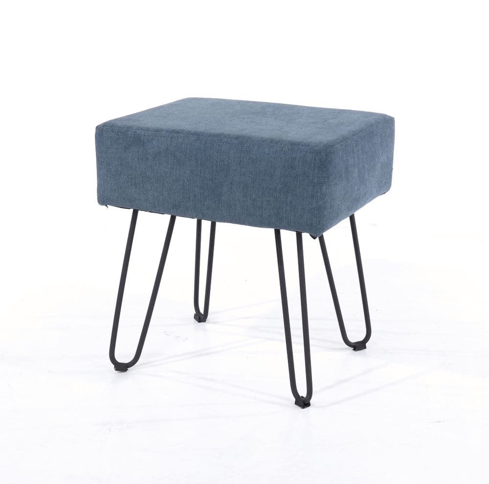 Classico blue fabric upholstered rectangular stool with black metal legs