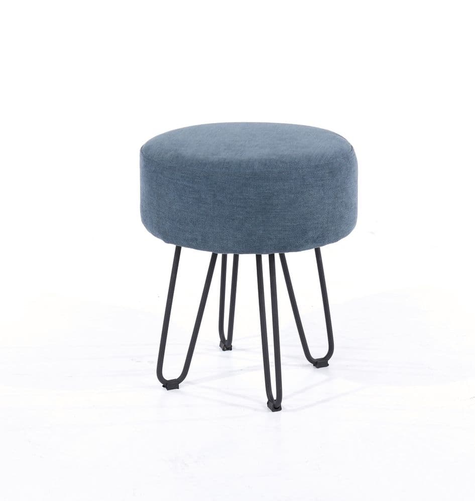 Classico blue fabric upholstered round stool with black metal legs