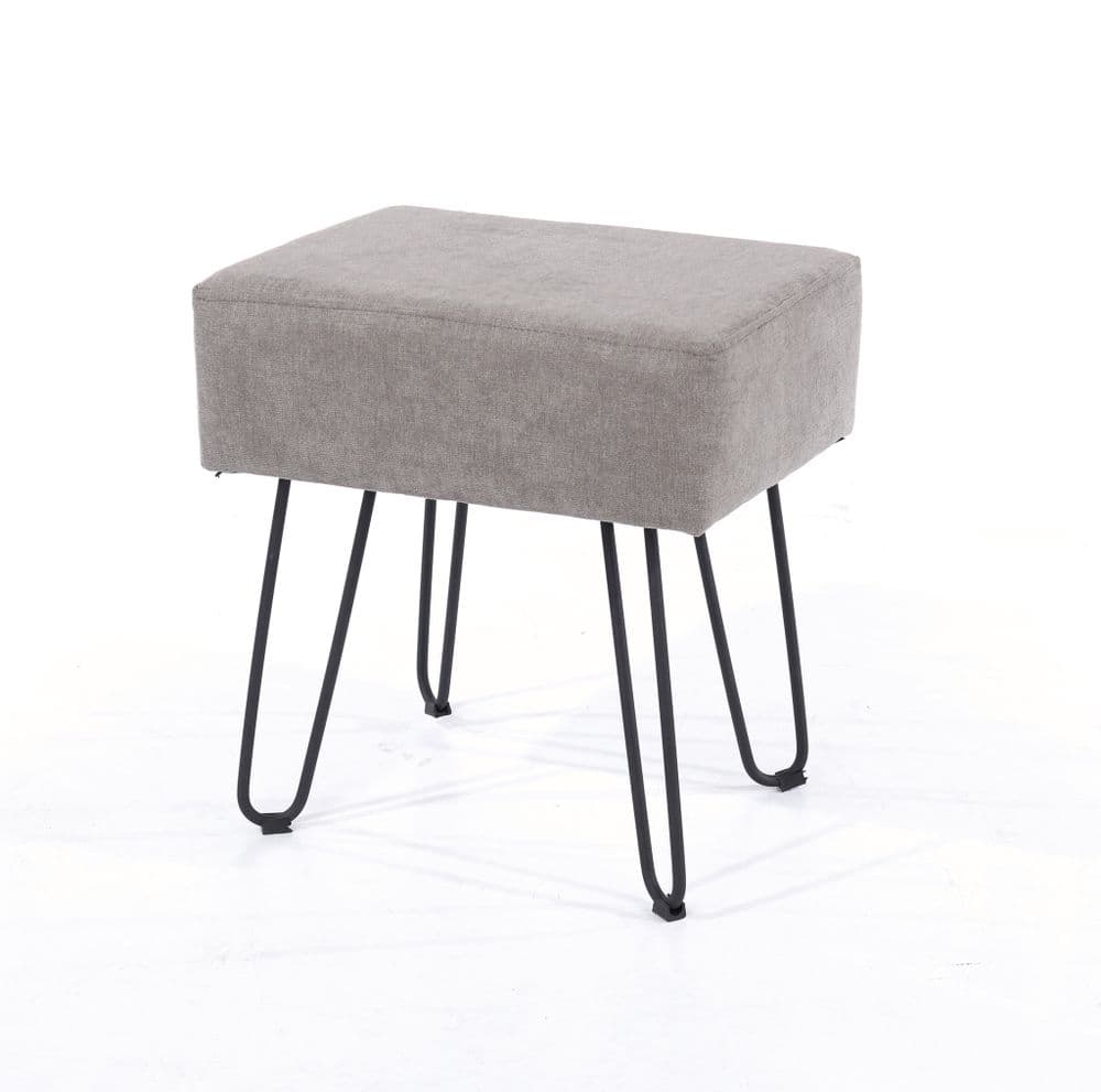 Classico grey fabric upholstered rectangular stool with black metal legs