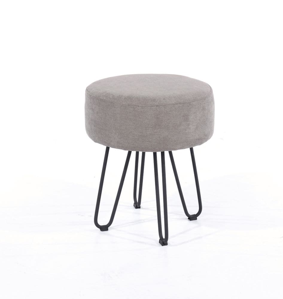 Classico grey fabric upholstered round stool with black metal legs