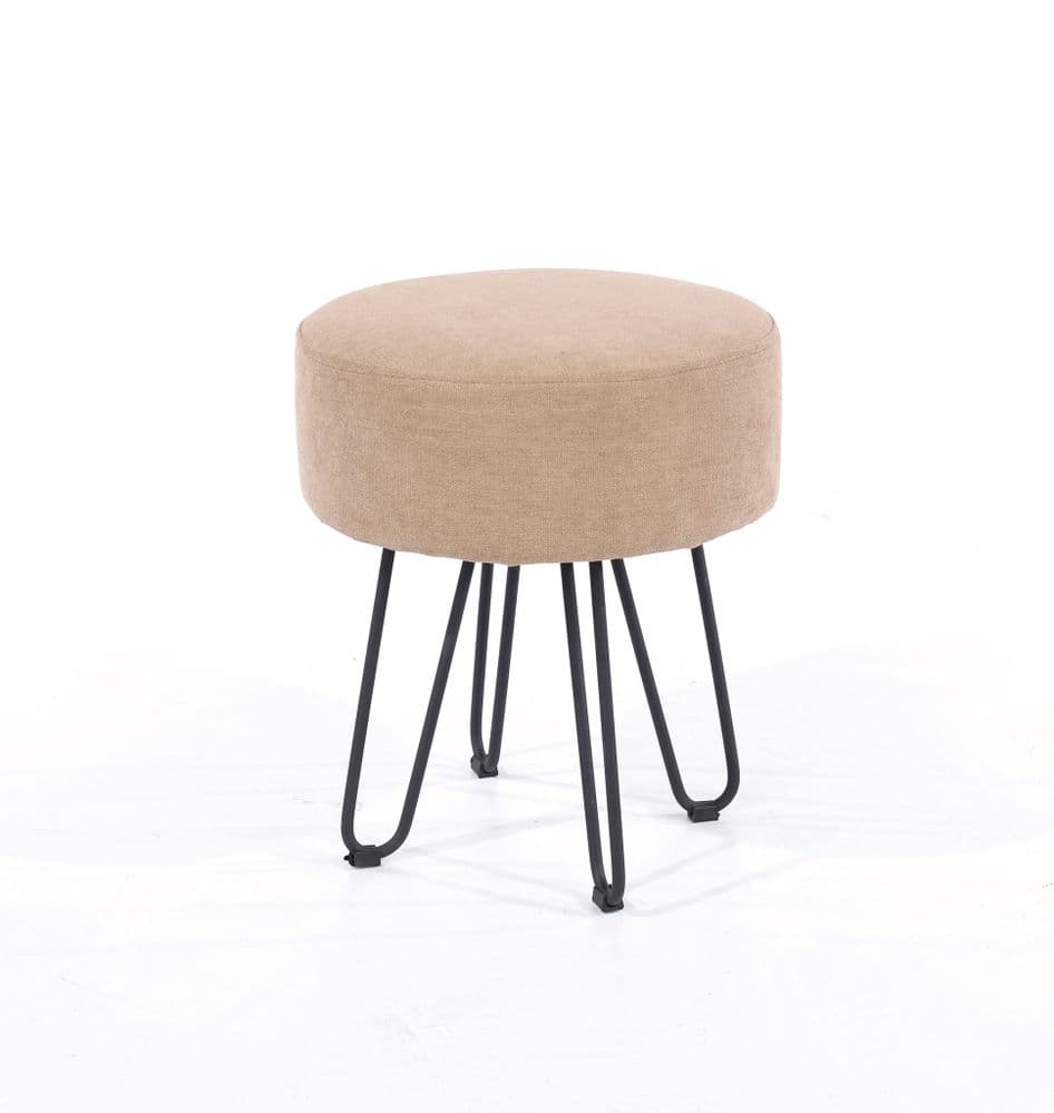 Classico sand fabric upholstered round stool with black metal legs